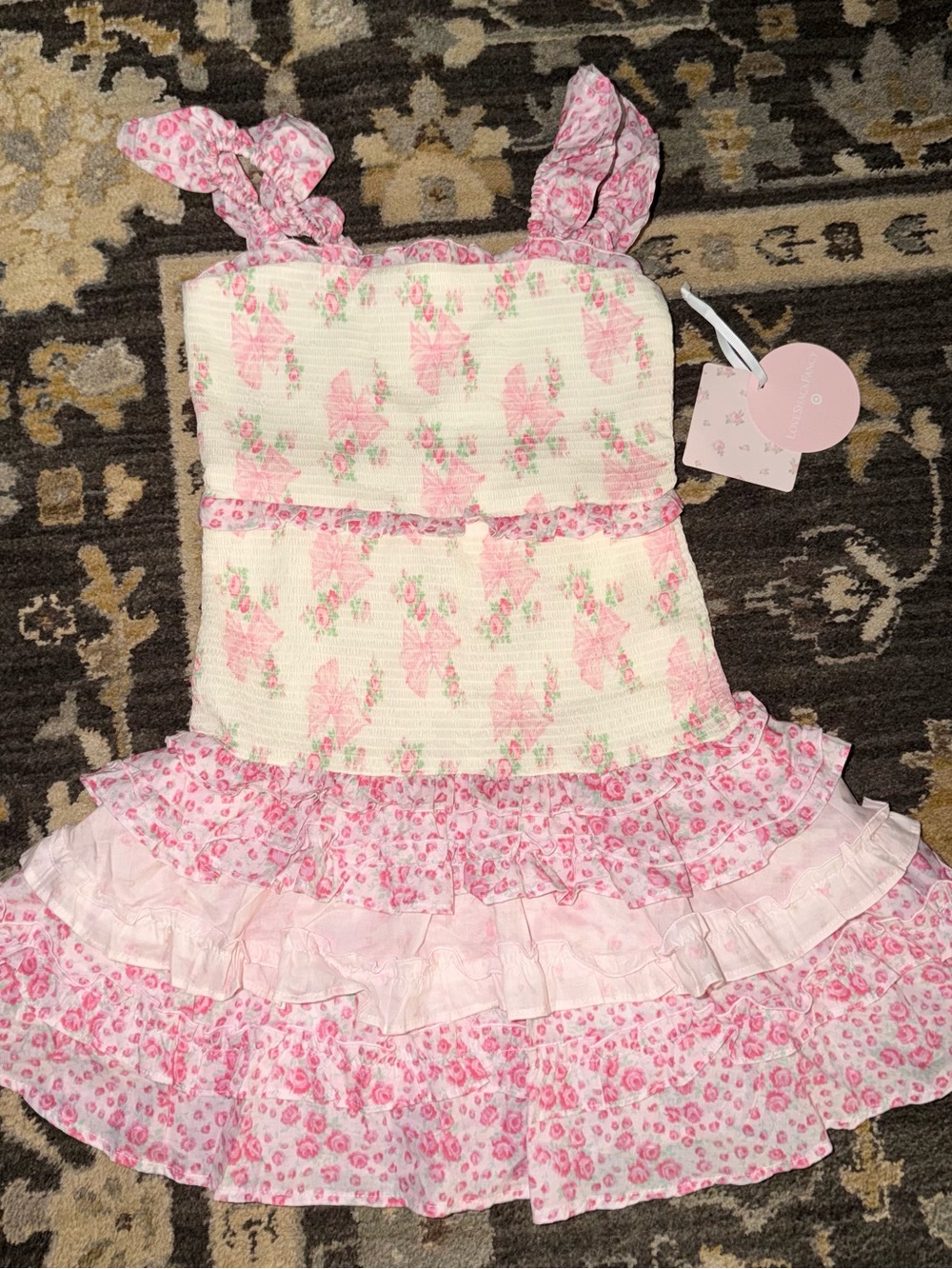 LoveShackFancy Pink Floral & Bow Ruffle Dress - Girls NWT sz 12